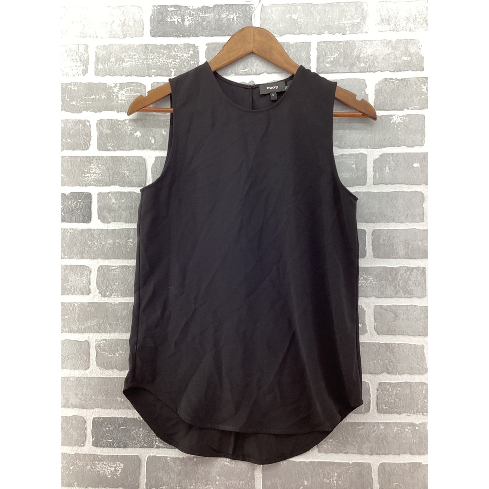 Theory Womens Black Sleeveless Shell Blouse Crew Neck High Low Hem Top Size S
